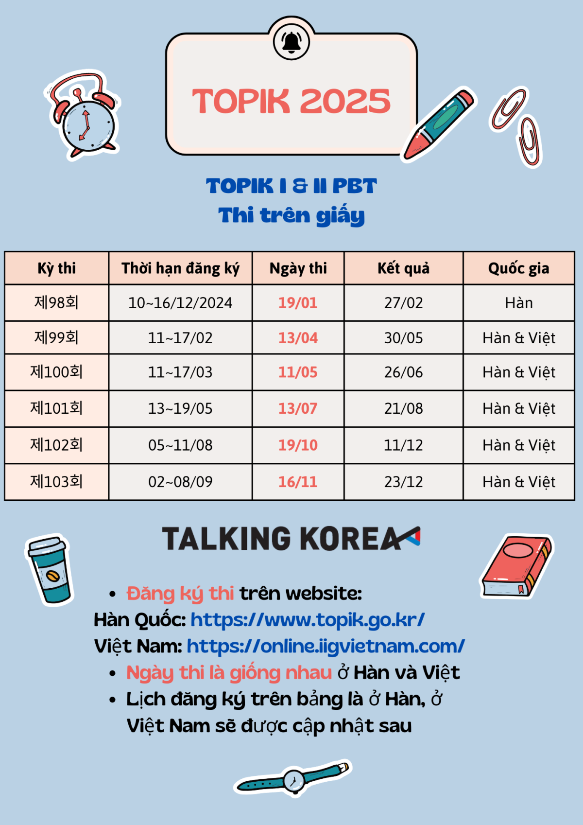 Lịch thi TOPIK chính thức 2025 ((2025년 토픽 시험 일정)
